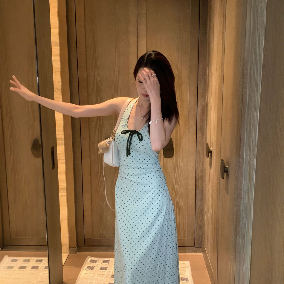 Women's Cotton Polka Dot V-Neck Sleeveless Long Slip Dress
