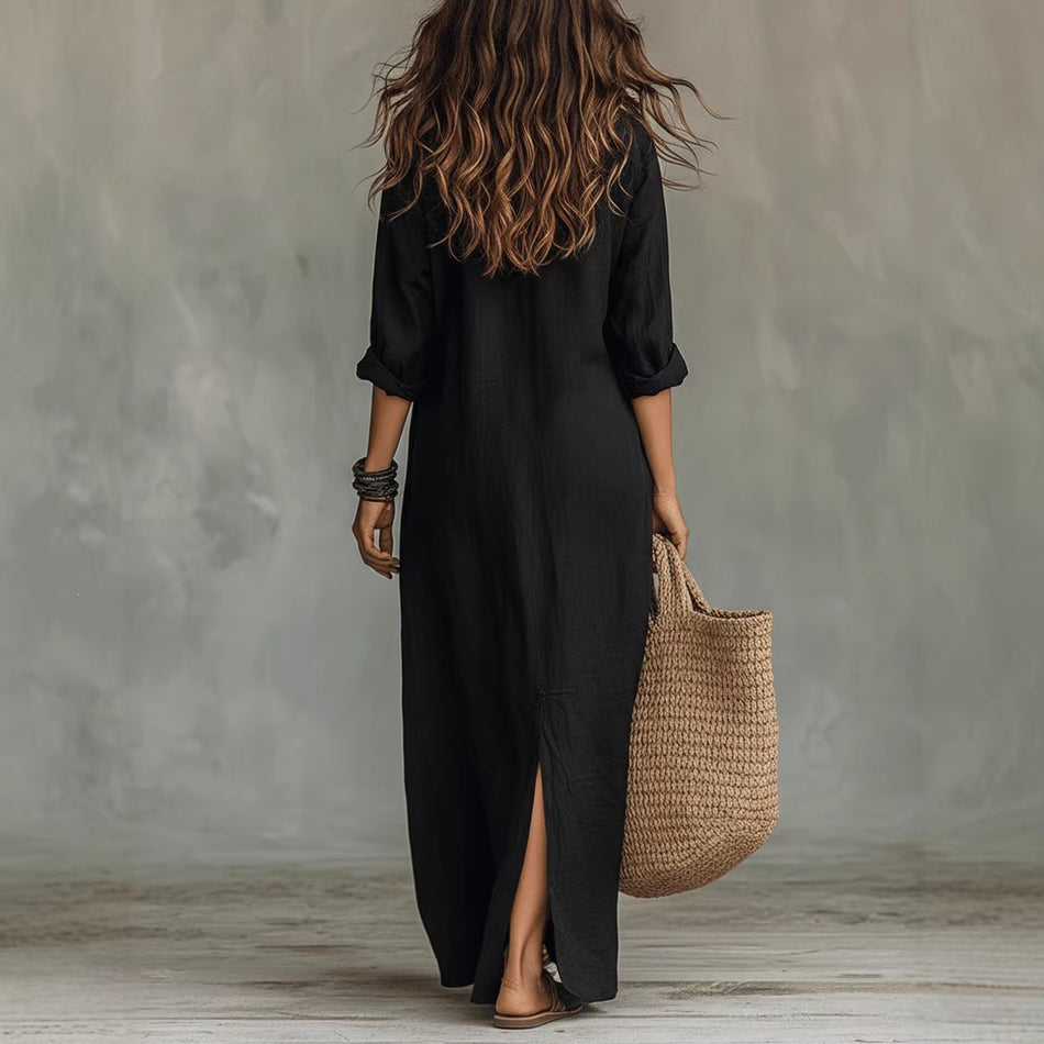 Women's Polyester Deep V-Neck 3/4 Sleeve Side Slit Long Dress