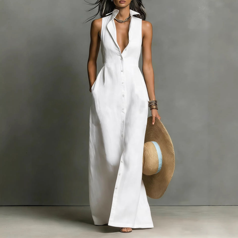 Women's Polyester Sleeveless Shirt Collar Button-Down Long Dress