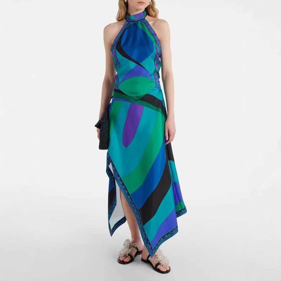 Women's Milk Silk Halter Neck Backless Printed Skirt Two-Piece Set