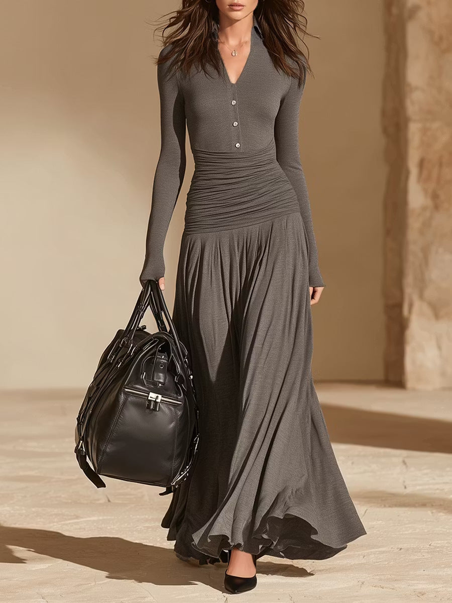 Women's Knitted Round Neck Ruched Slim Fit Long Sleeve Dress