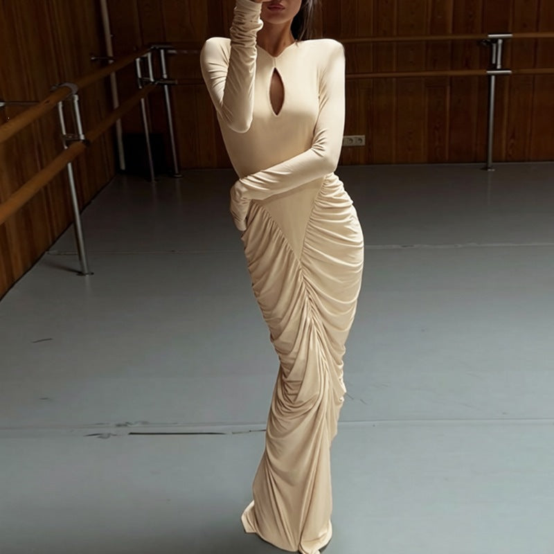 Women's Polyester Pleated Hollow-Out A-Line Long Dress
