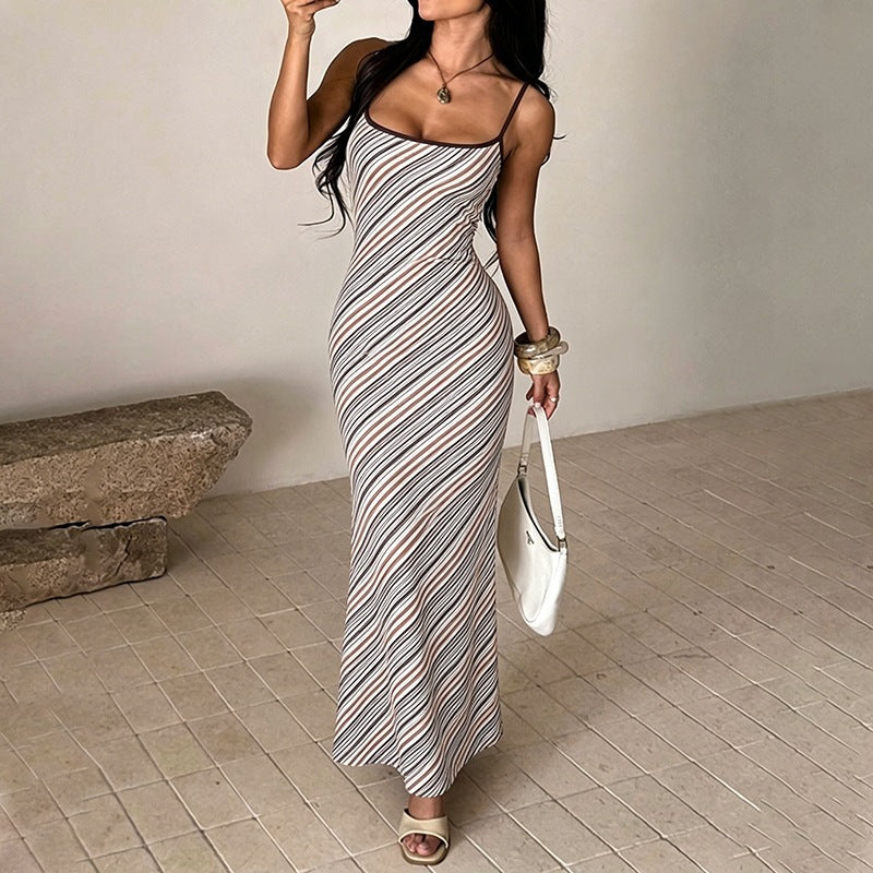 Women's Stretch Polyester Striped Square Neck Spaghetti Strap Dress