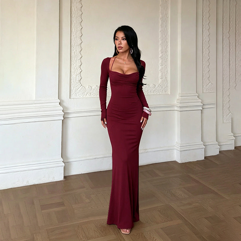Women's Polyester Off-Shoulder Halter Pleated Fishtail Dress