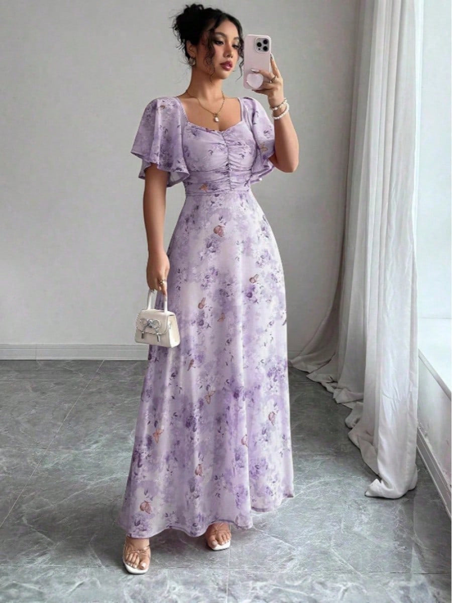 Women's French Style Floral Square Neck Ruched Sleeve Long Dress