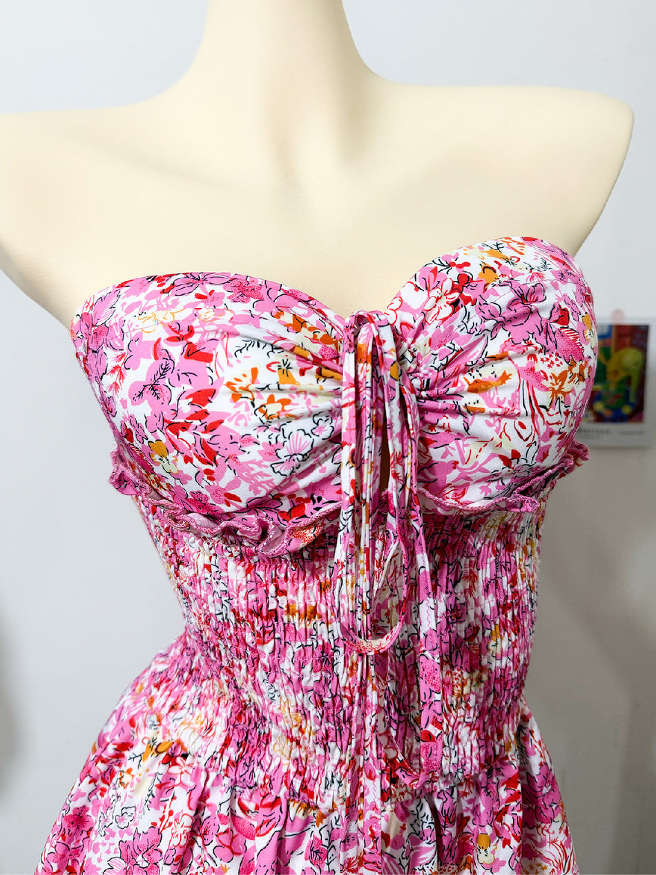 Women's Pink Floral Strapless Cutout Ruffled Mid-Length Dress