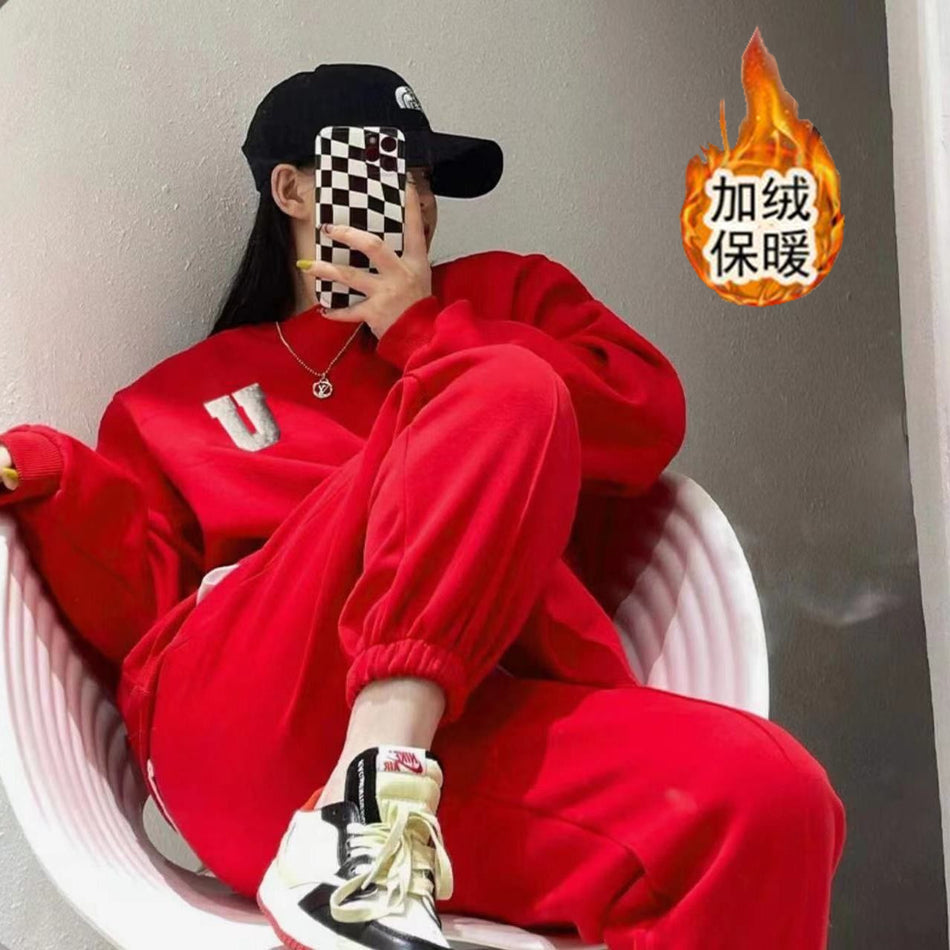 Women's Fleece-Lined 2-Piece Set with Loose Sweatpants for Winter