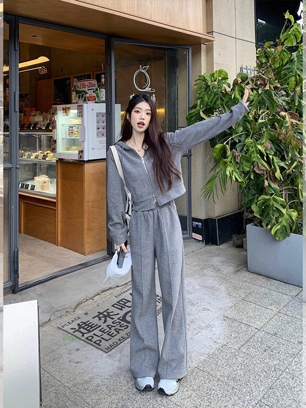 Women's Loose 2-Piece Set with Hooded Zip Top and Wide-Leg Pants