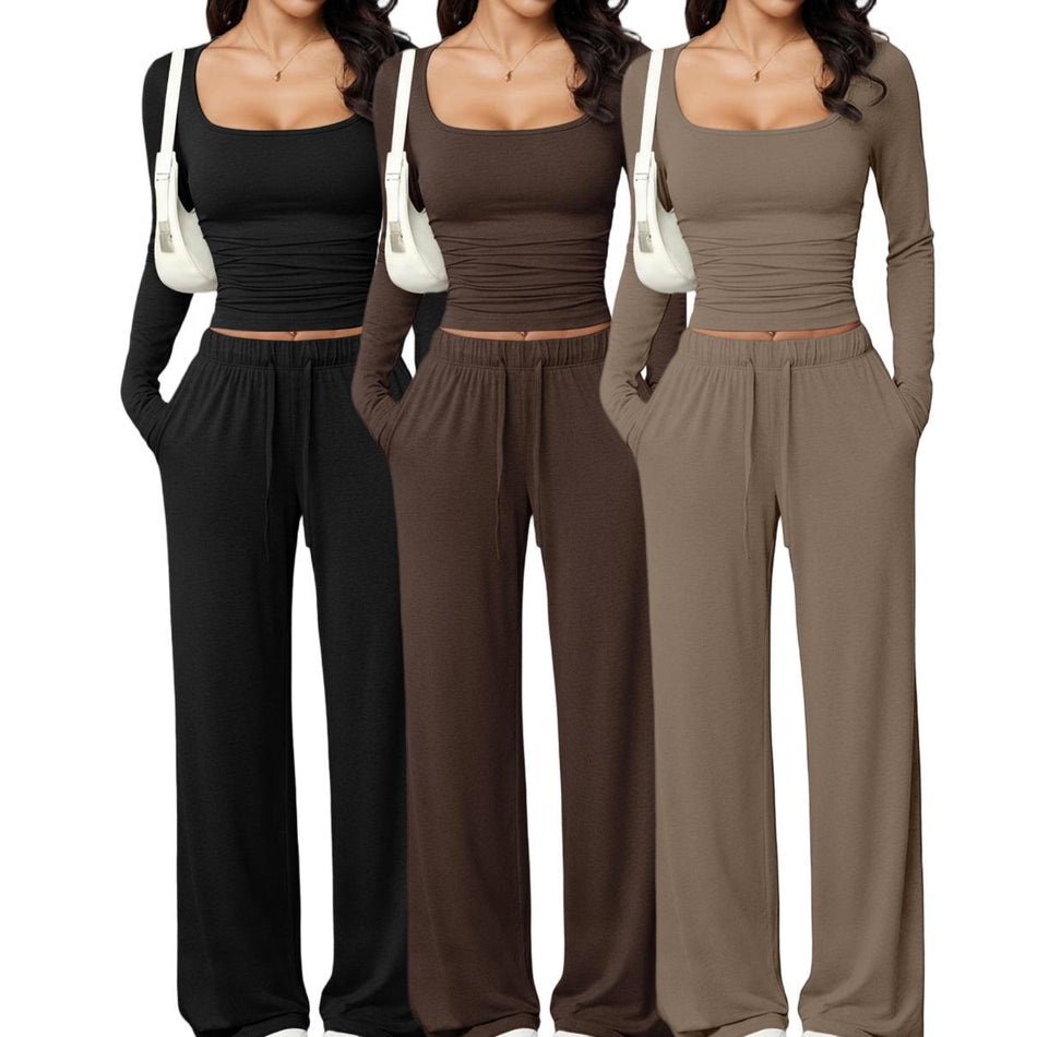 Women's Square Neck Crop Top and Pants 2-Piece Set for Autumn
