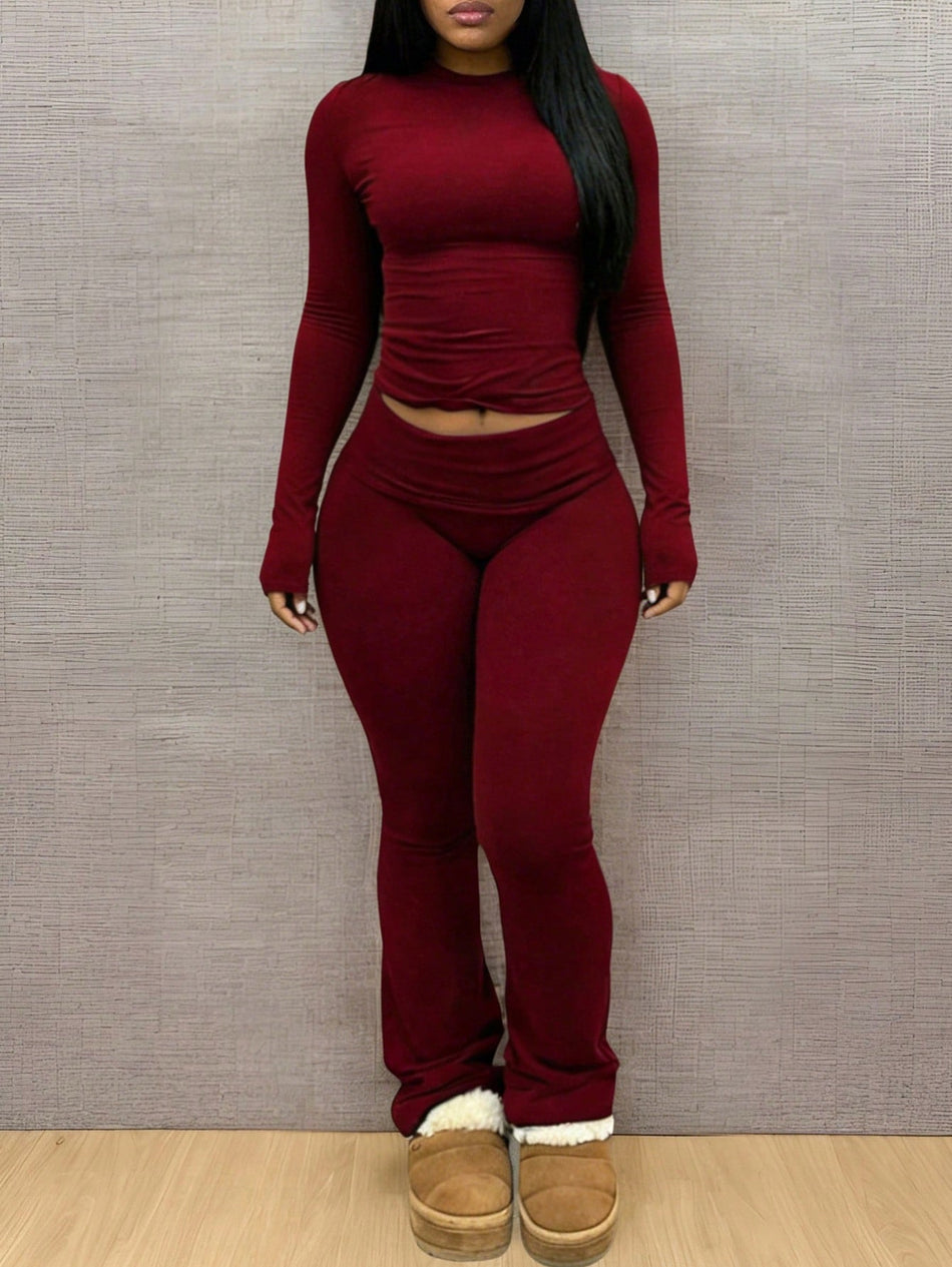 Women's Round Neck Top and Low-Rise Flared Pants 2-Piece Set