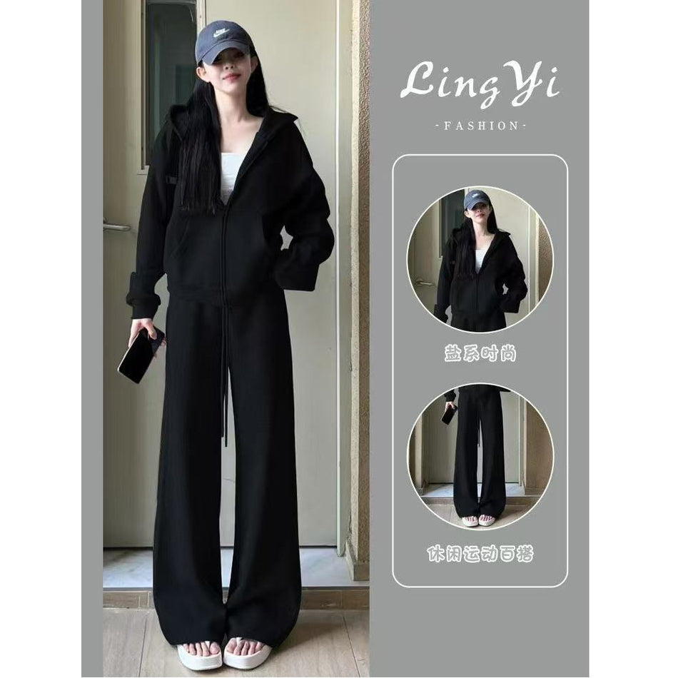 Women's Gray Loose Hoodie and Wide-Leg Lounge Pants 2-Piece Set