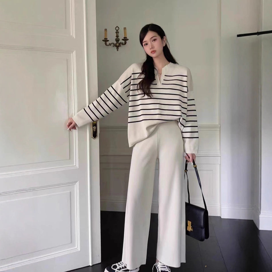Women's Loose Striped Knit Top and Wide-Leg Pants 2-Piece Set