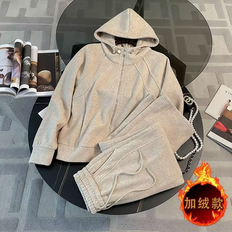 Women's Oatmeal Zip-Up Hoodie and Wide-Leg Pants 2-Piece Set