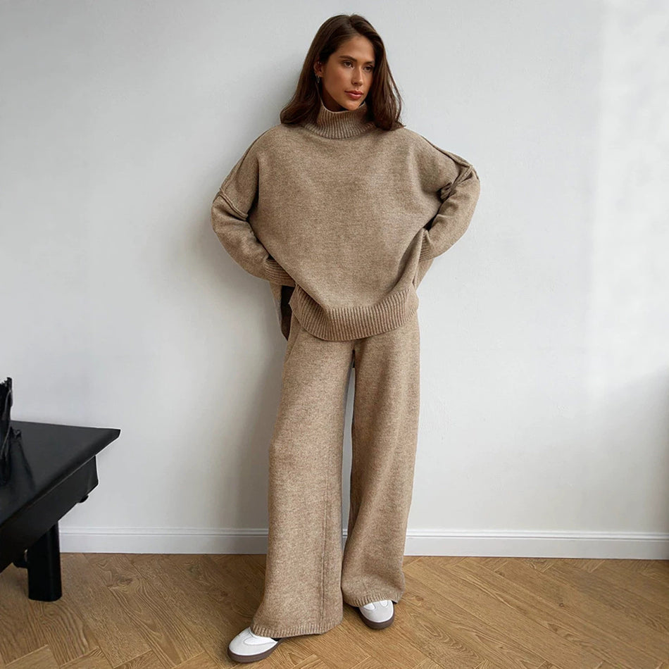Women's Turtleneck Sweater and Wide-Leg Knit Pants 2-Piece Set