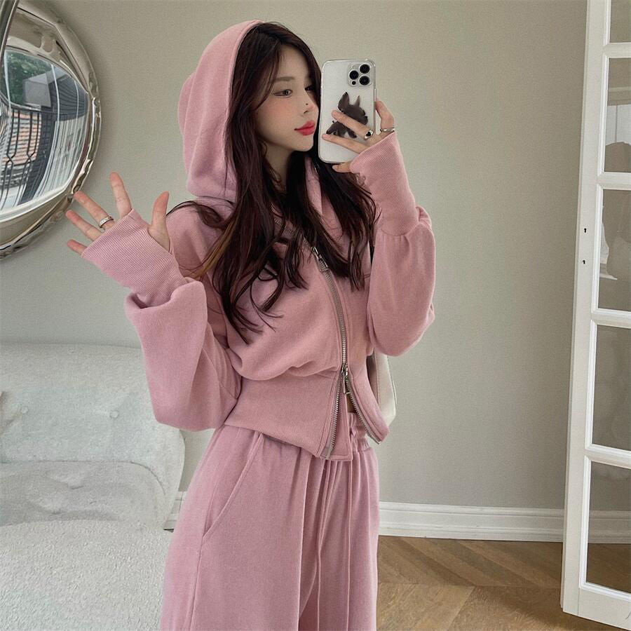 Women's Cropped Slim Hoodie and Full-Length Pants 2-Piece Set