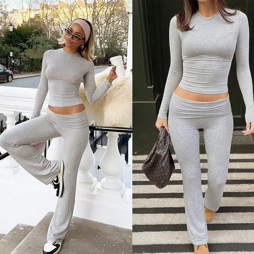 Women's Casual Two-Piece Set with Long Sleeve Top and Flared Pants