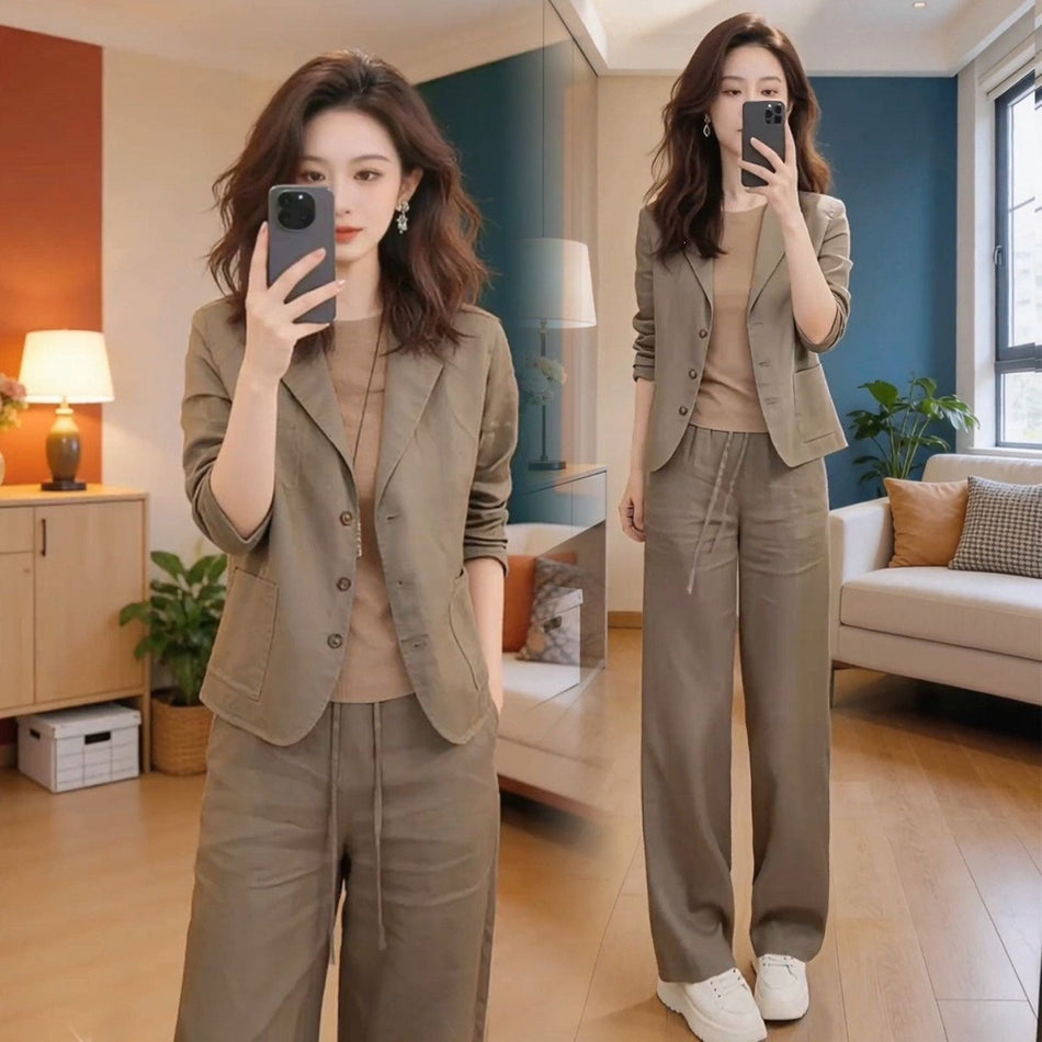 Women's Khaki Slim Blazer and Wide-Leg Pants 2-Piece Work Set