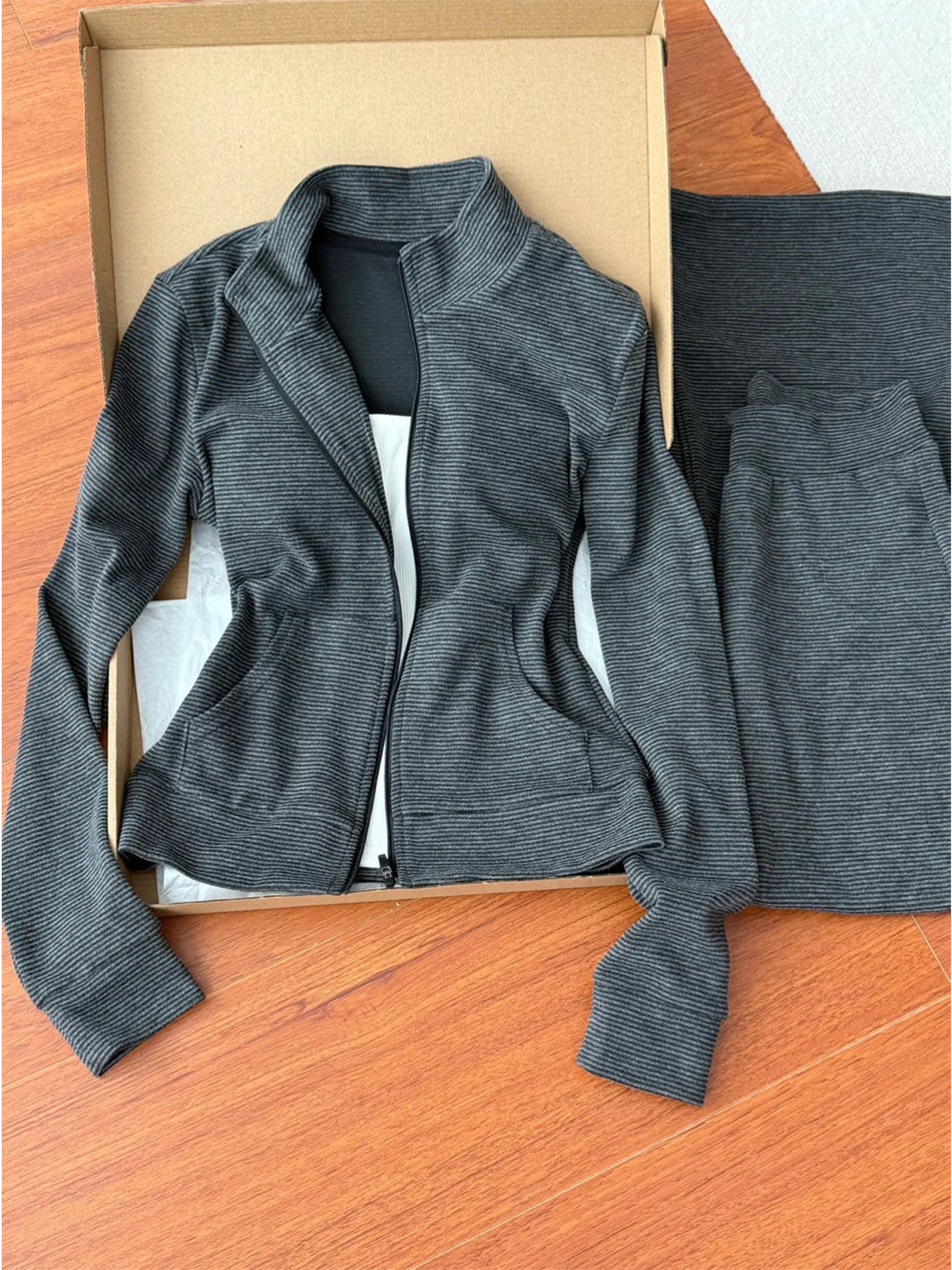 Women's Striped Stand Collar Zip Jacket and Wide-Leg Pants Set