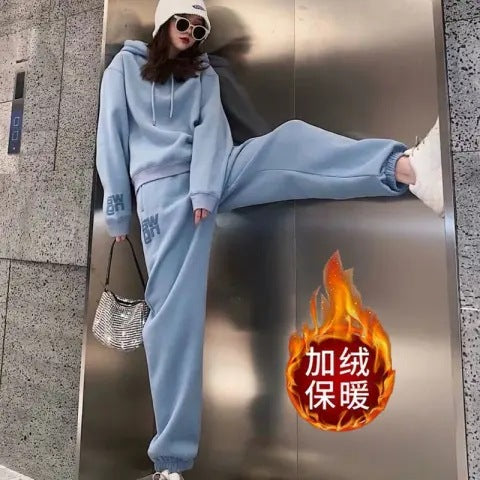 Women's Fleece-Lined Loose Sweatshirt 2-Piece Set in Sky Blue