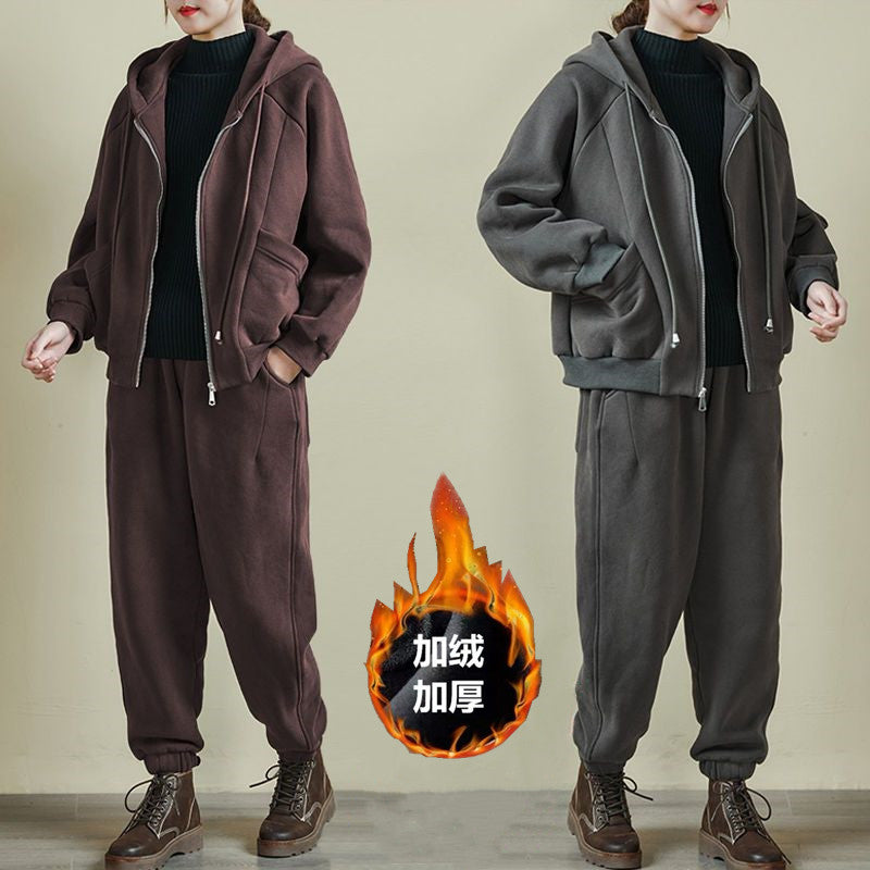 Women's Plus Size Loose Fleece-Lined Hoodie and Pants 2-Piece Set