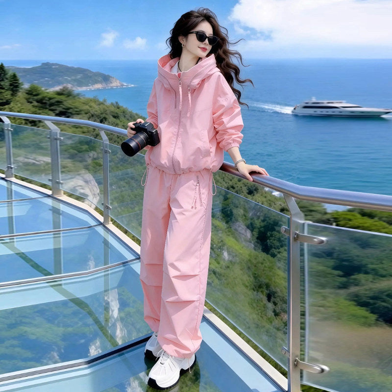 Women's Loose Windbreaker Jacket and Straight Pants 2-Piece Set