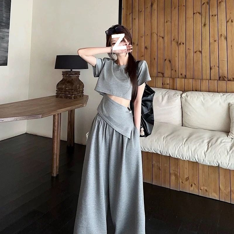 Women's Casual Cropped Tee and Wide-Leg Pants 2-Piece Summer Set