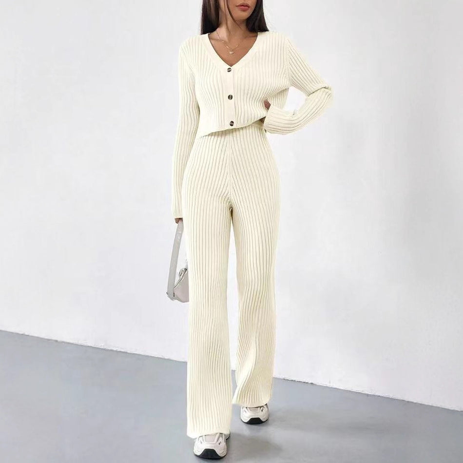 Women's V-Neck Cropped Knit Cardigan and Flared Pants 2-Piece Set