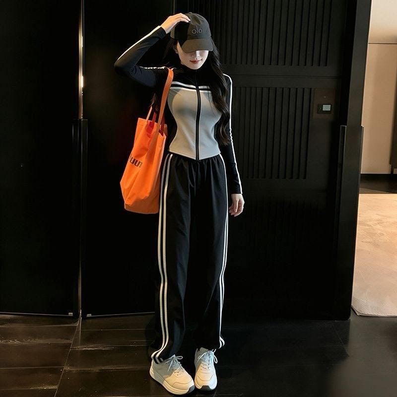 Women's Sporty Slim Color-Block Cardigan and Trousers 2-Piece Set