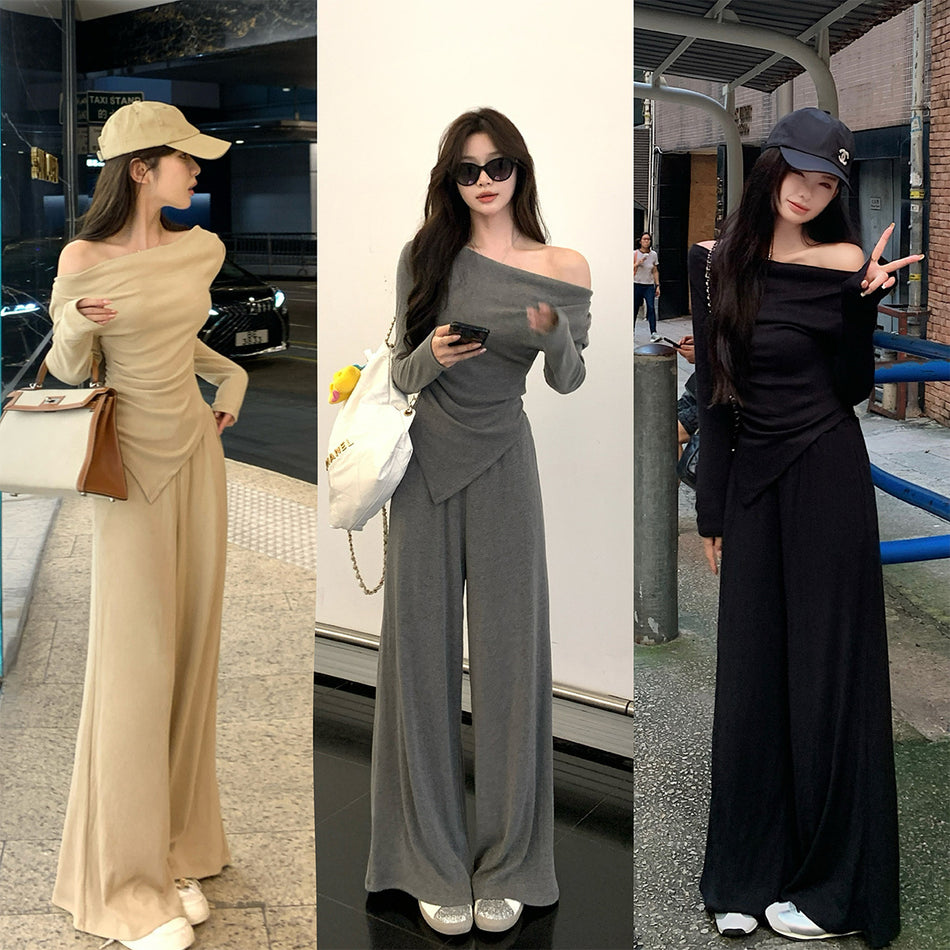 Women's Off-Shoulder Long Sleeve Top and Wide-Leg Pants Set