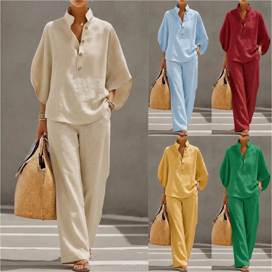 Women's Shirt and Trousers 2-Piece Commuter Set in Seven Colors