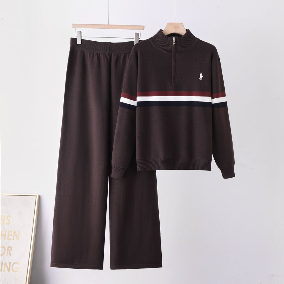Women's Half-Zip Striped Knit Sweater and Trousers 2-Piece Set