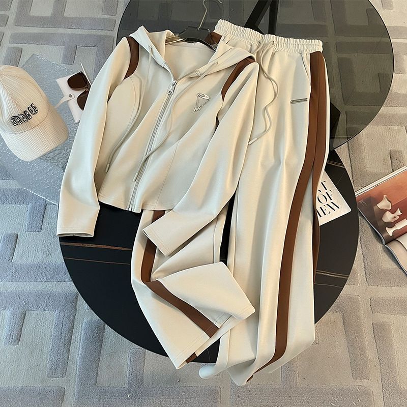 Women's Khaki Contrast Hoodie and Wide-Leg Pants 2-Piece Set