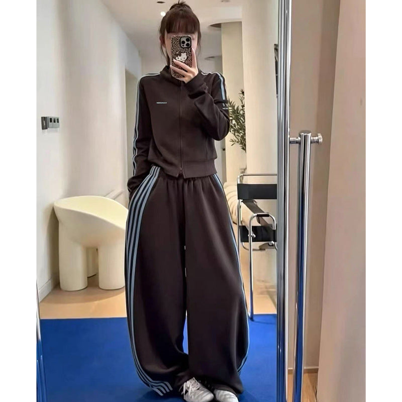 Women's Striped Cotton Blend Sweatshirt and Wide-Leg Pants Set