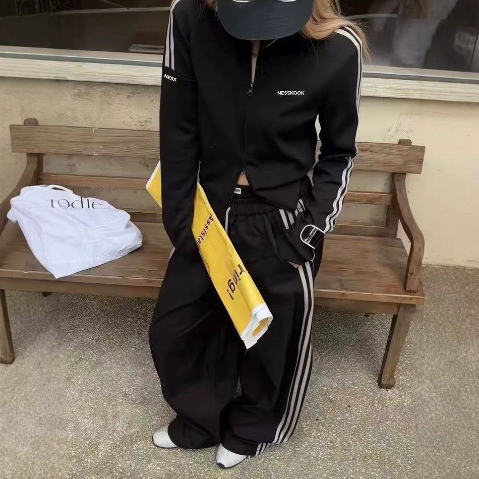 Women's Zip-Up Stand Collar Sweatshirt and Wide-Leg Pants Set