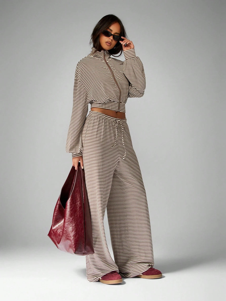 Women's Striped Cropped Zip Jacket and Floor-Length Pants Set