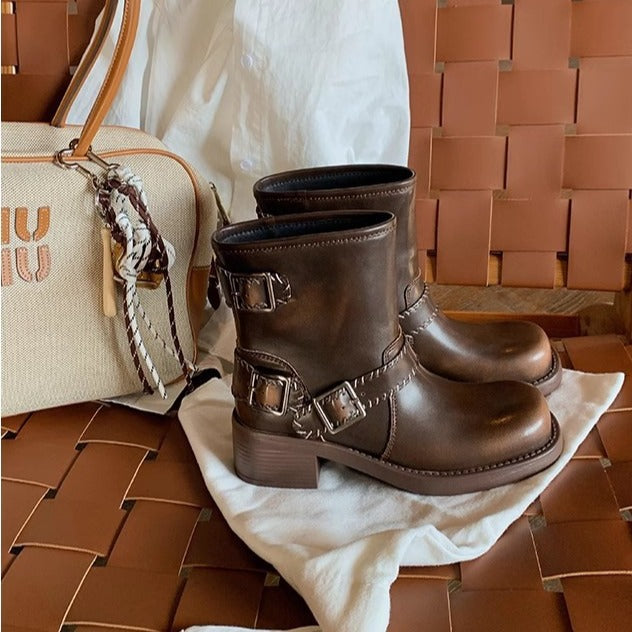 Women's Distressed Cowhide Motorcycle Boots with Buckle Detail