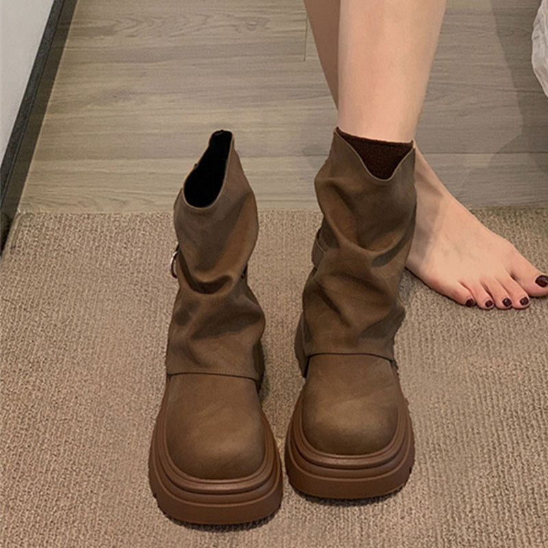 Women's Thick-Soled Mid-Calf Boots with Chunky Heel in Microfiber