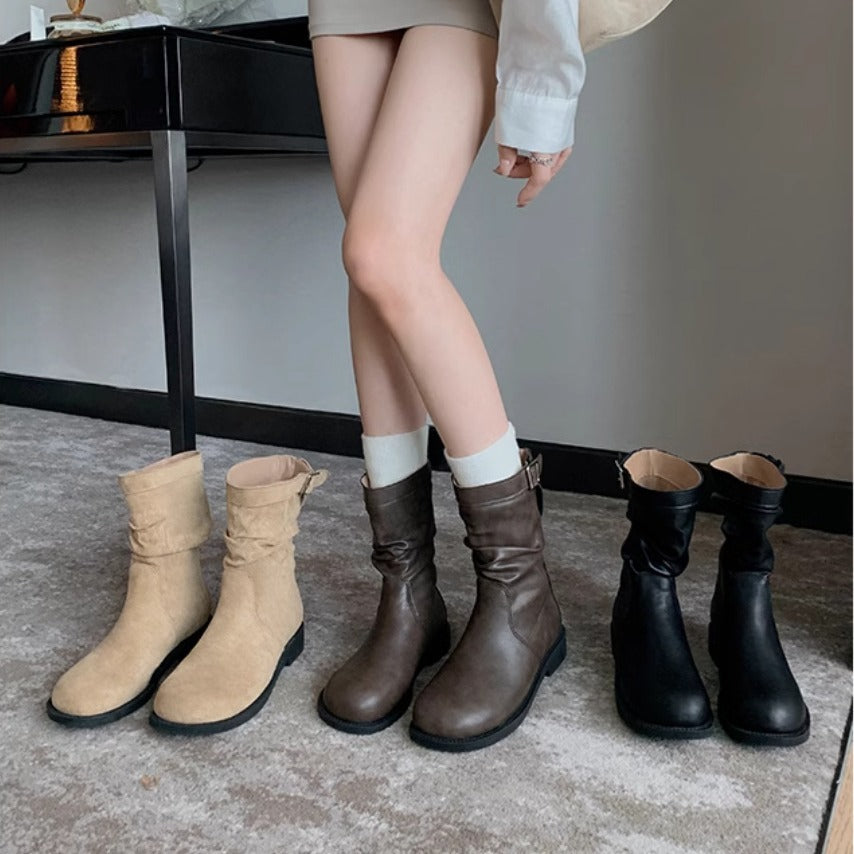 Women's Pleated Suede Ankle Boots with Buckle and Chunky Heel