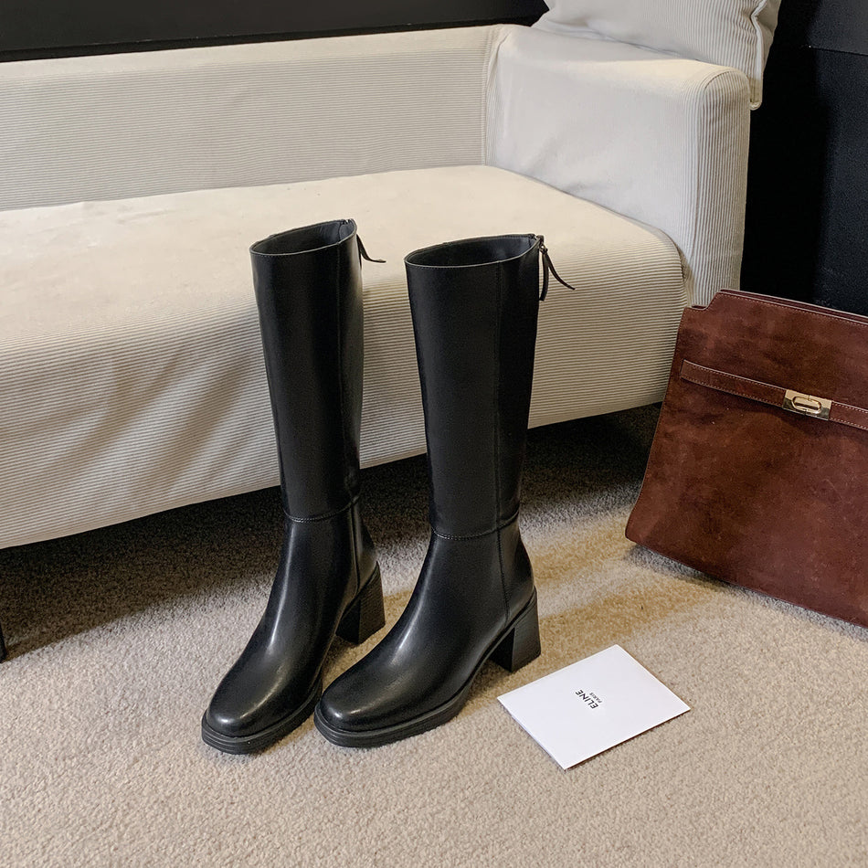 Women's Split Leather Riding Boots with Back Zip and Chunky Heel