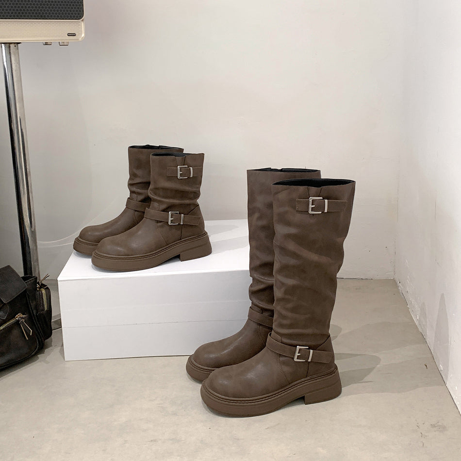 Women's Round Toe Chunky Buckle Boots in Ankle or Mid-Calf Height