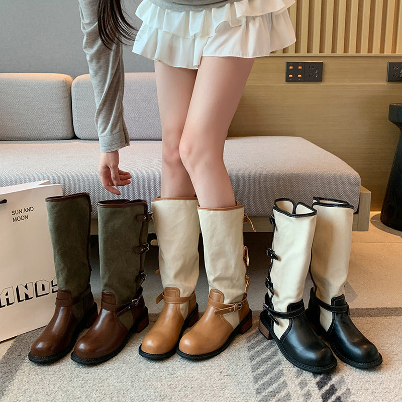 Women's Patchwork Western Boots with Round Toe and Chunky Heel