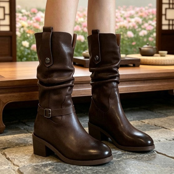 Women's Pleated Mid-Calf Western Boots with Fleece Lining Option