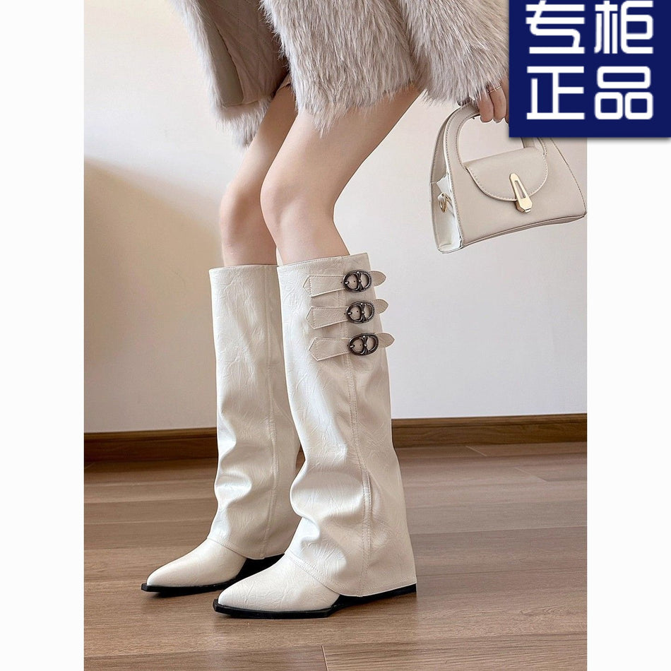 Women's Warm Tall Front-Zip Boots with Buckle in White or Khaki