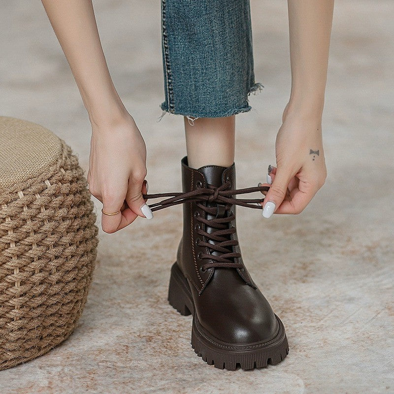 Women's Pointed Toe Lace-Up Boots with Back Zip and Mid Heel