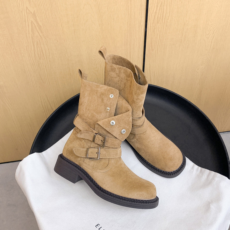 Women's Side-Zip Suede Ankle Boots with Strap and Thick Sole