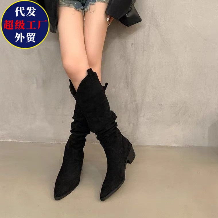 Women's Ruched Tall Boots with a Back Zip and Chunky Low Heel