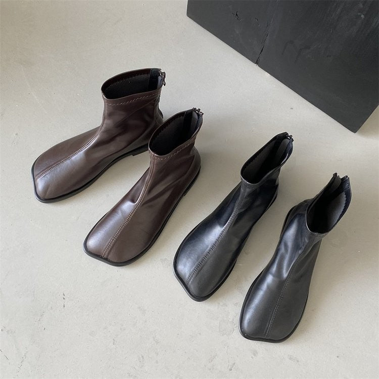 Women's Square Toe Back-Zip Ankle Boots with Low Square Heel