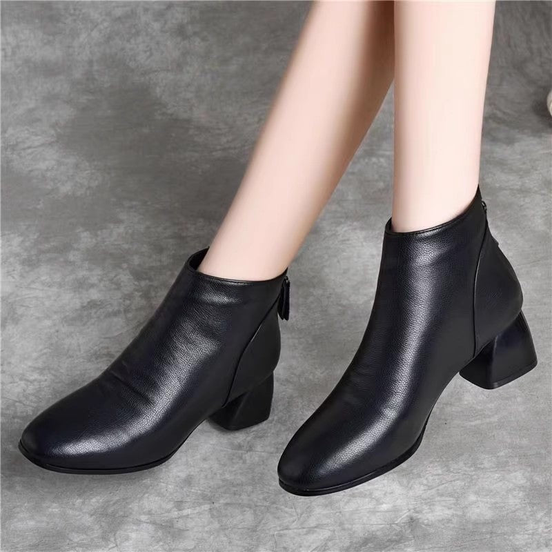 Women's Black Square Toe Chelsea Boots with a Chunky Mid Heel