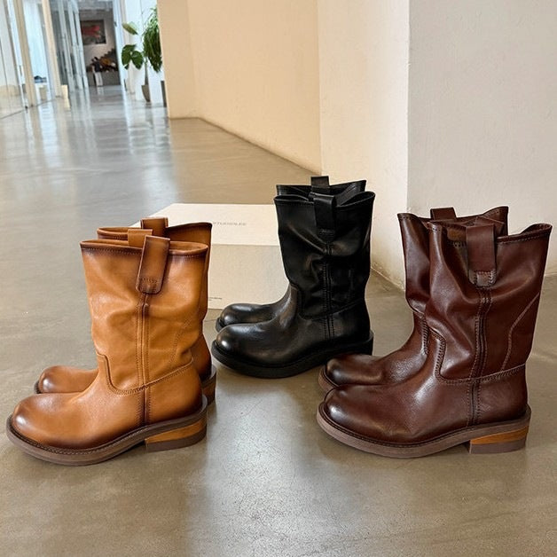 Women's Distressed Split Leather Slouch Boots with Chunky Heel
