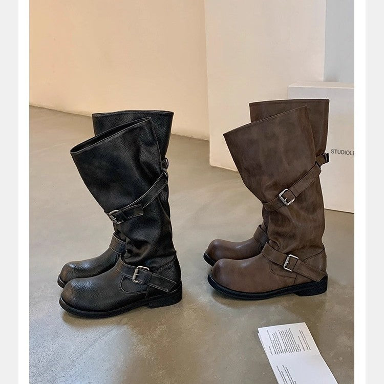 Women's Split Leather Mid-Calf Riding Boots with 4 cm Chunky Heel